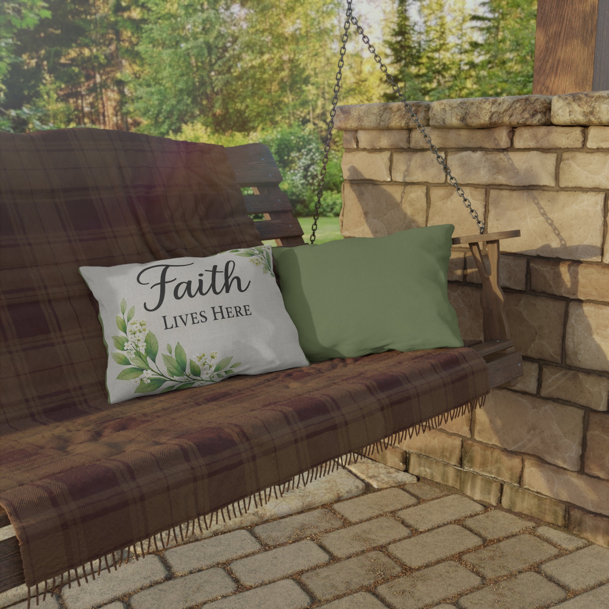 Faith Lives Here™ Outdoor Pillow | Christian Porch Decor