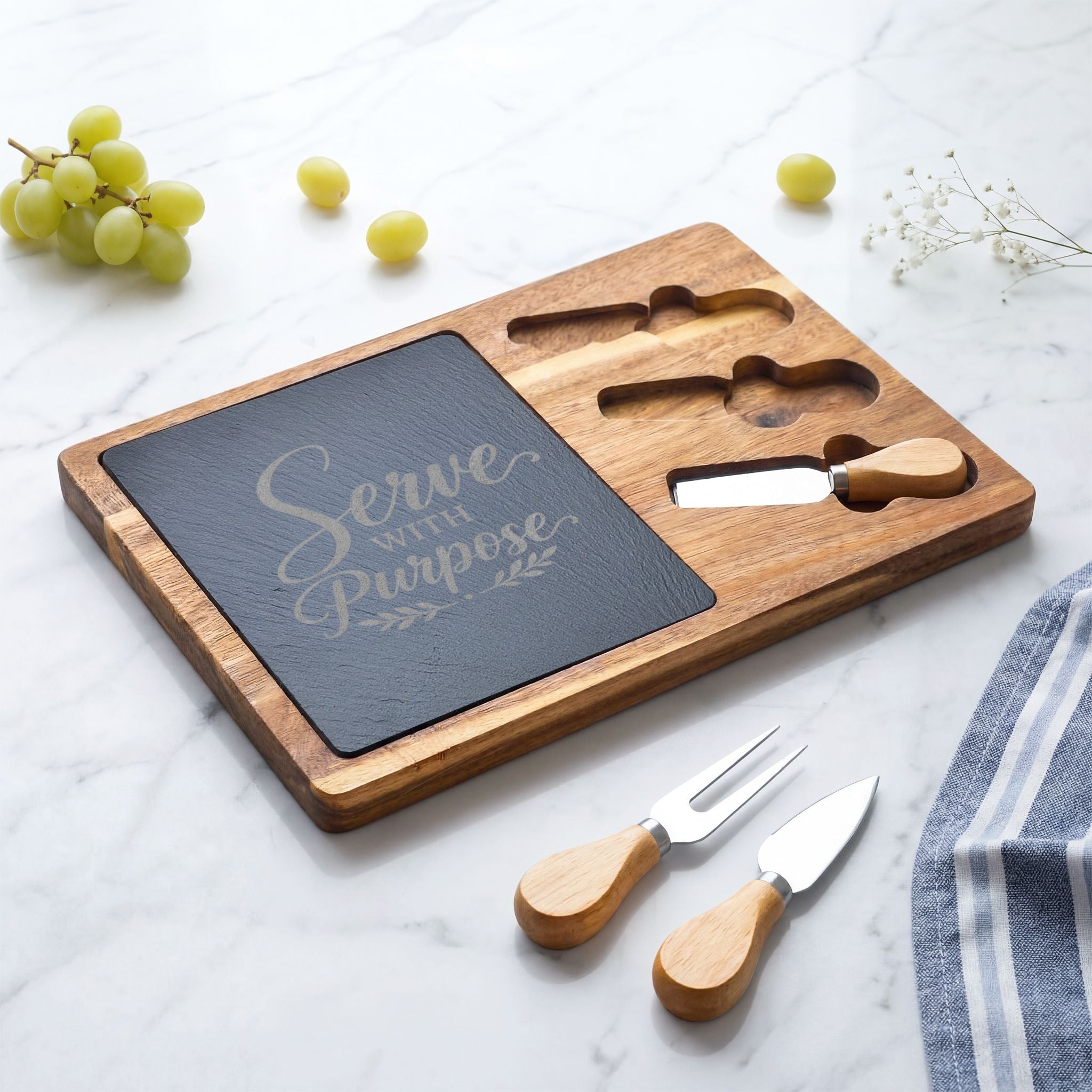 Serve With Purpose Acacia Charcuterie Board Set | Engraved Serving Board with Slate & Cheese Knives