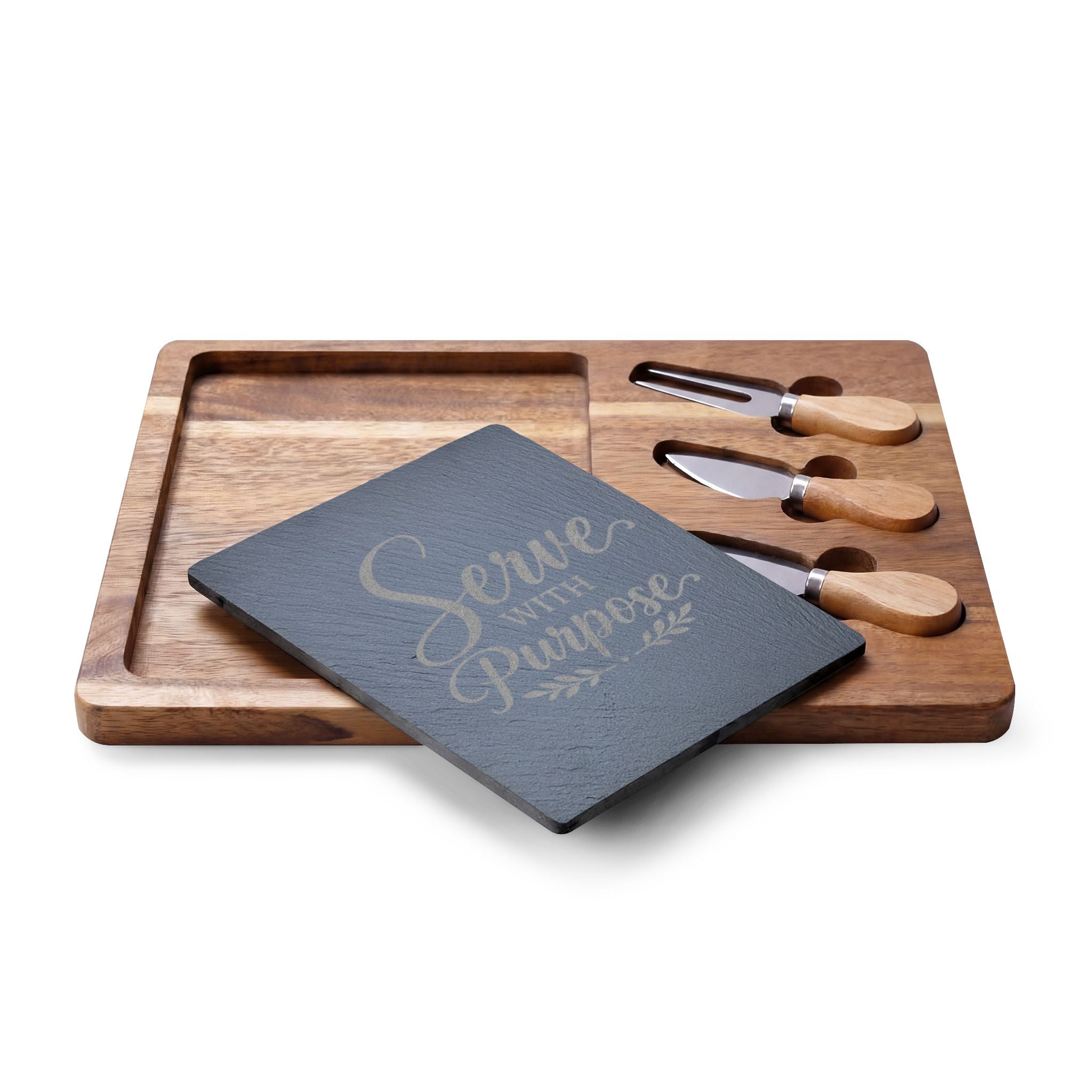 Serve With Purpose Acacia Charcuterie Board Set | Engraved Serving Board with Slate & Cheese Knives