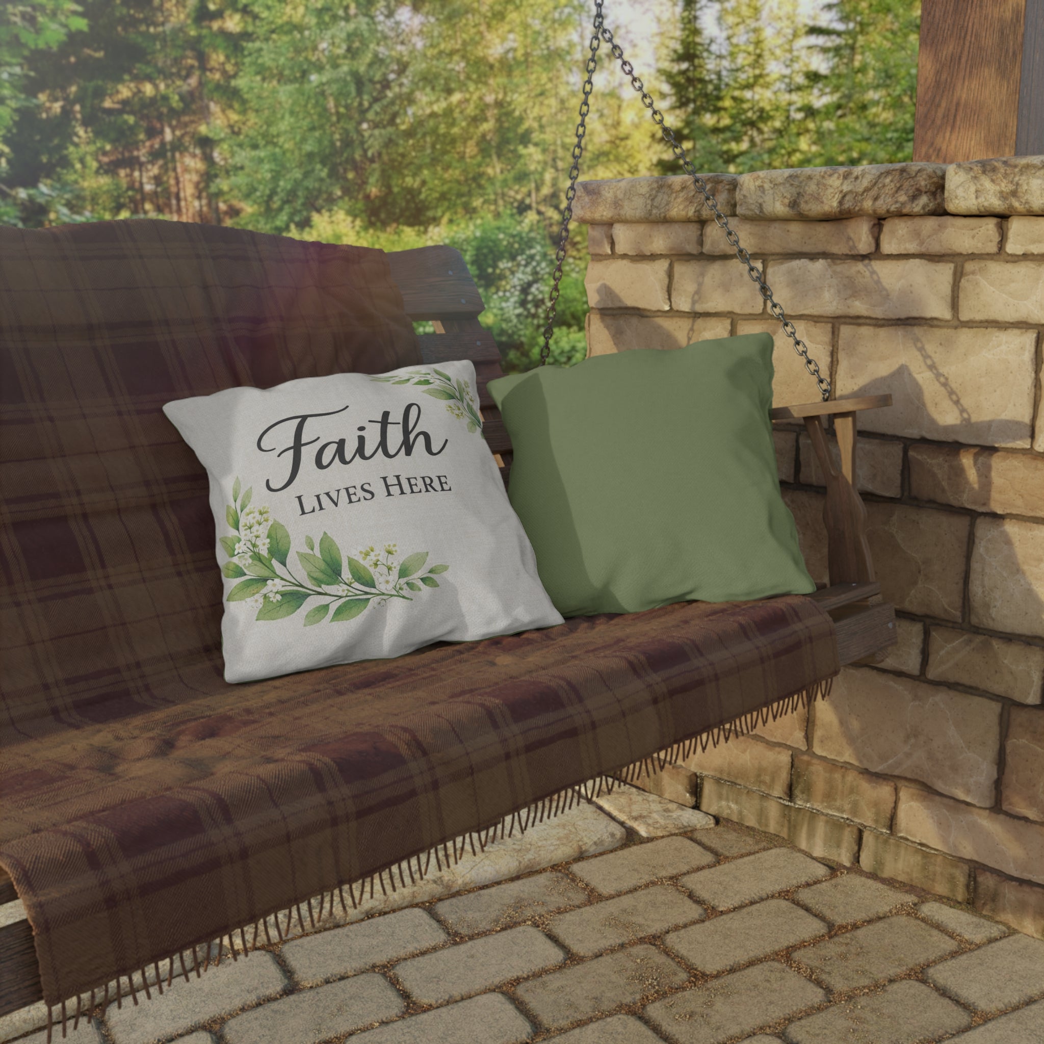 Faith Lives Here™ Outdoor Pillow | Christian Porch Decor