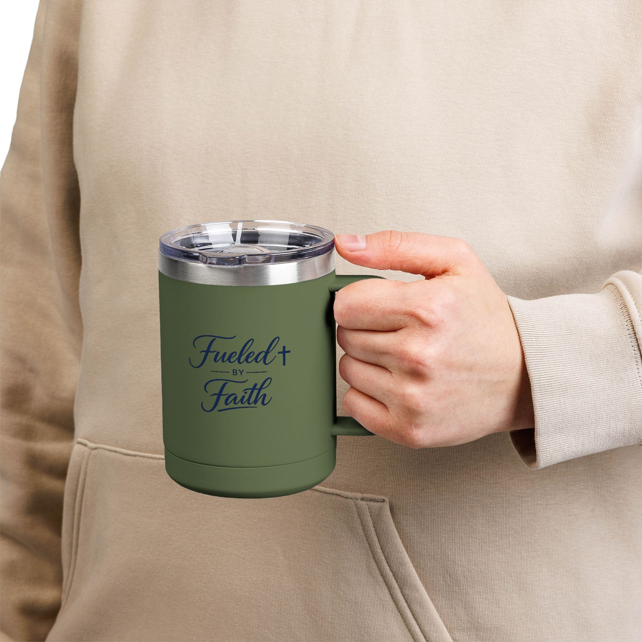 Fueled by Faith™ 15oz Insulated Coffee Tumbler with Handle & Lid | Stainless Steel Travel Mug