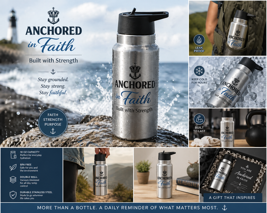 Anchored in Faith™ 32 oz Stainless Steel Water Bottle with Straw | Insulated Faith Water Bottle