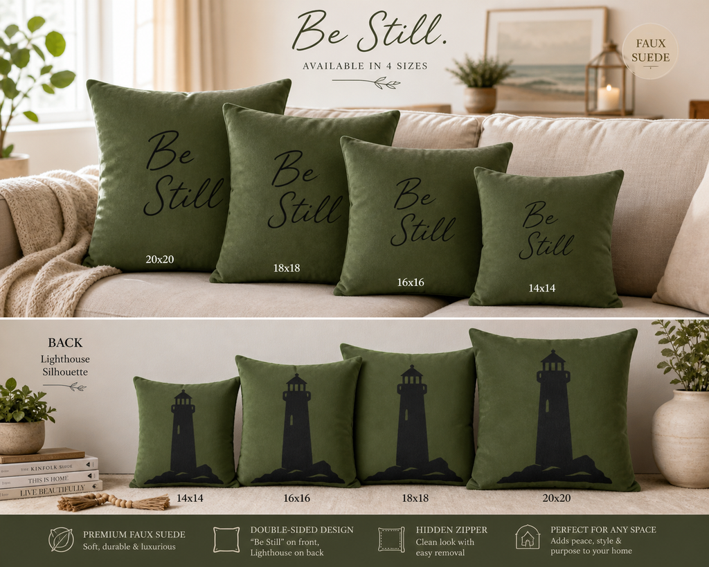 Be Still Faux Suede Pillow — Olive Green Faith Throw Pillow with Lighthouse Design