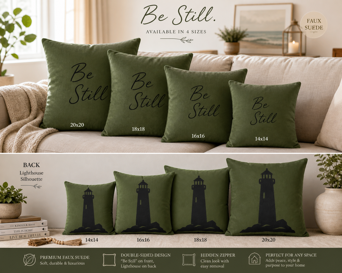 Be Still Faux Suede Pillow — Olive Green Faith Throw Pillow with Lighthouse Design