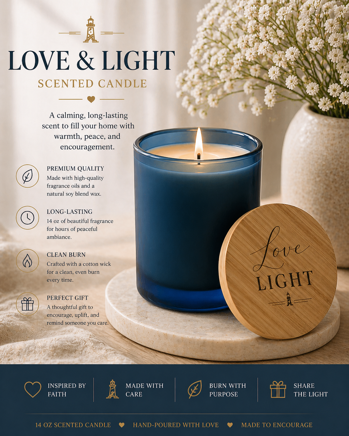 Love & Light™ Soy Candle — 14oz Pacific Blue Glass with Engraved Bamboo Lid