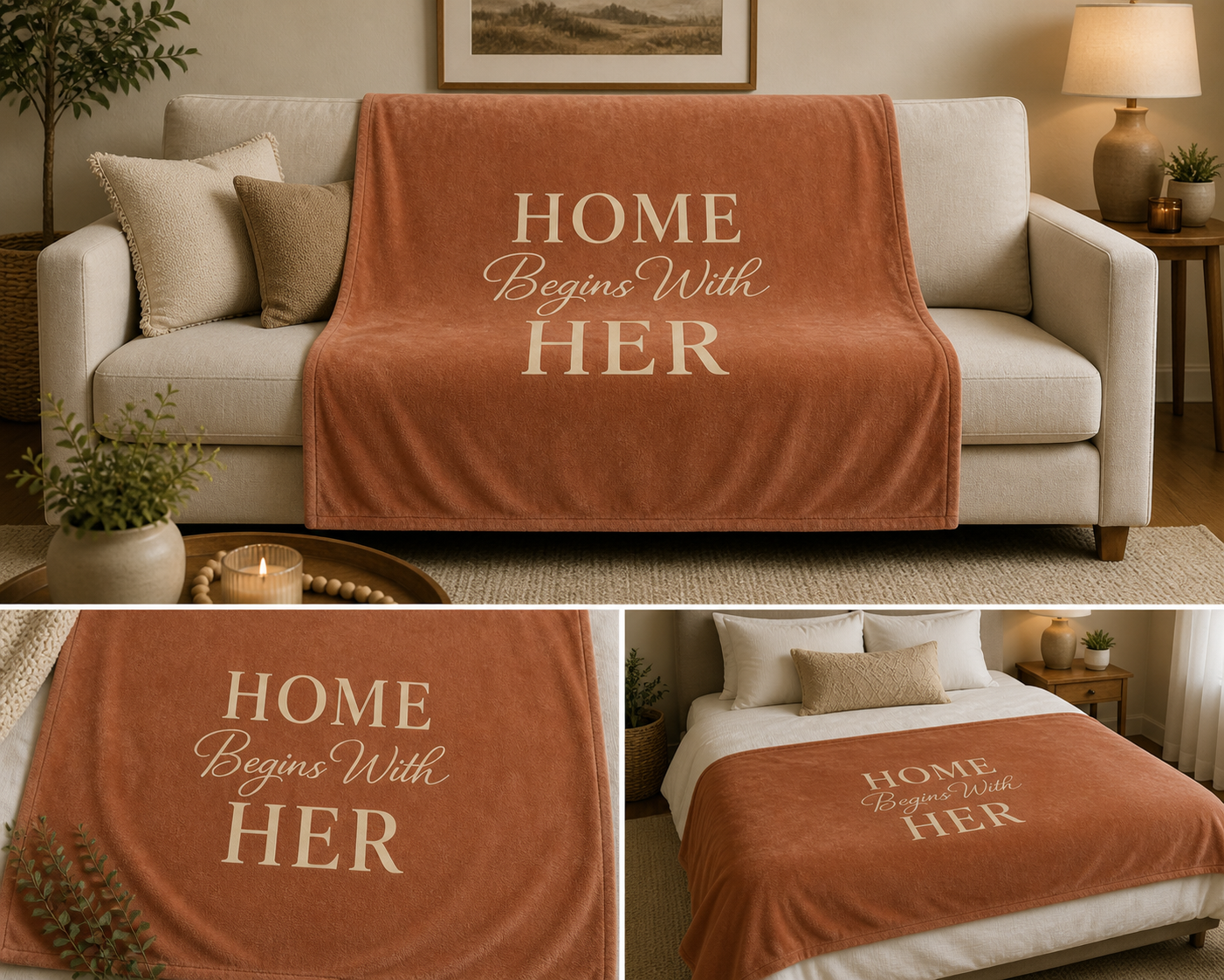 Velveteen Plush Blanket — Home Begins With Her | Cozy Throw for Mom or New Homeowner | Christian Home Gift 50x60