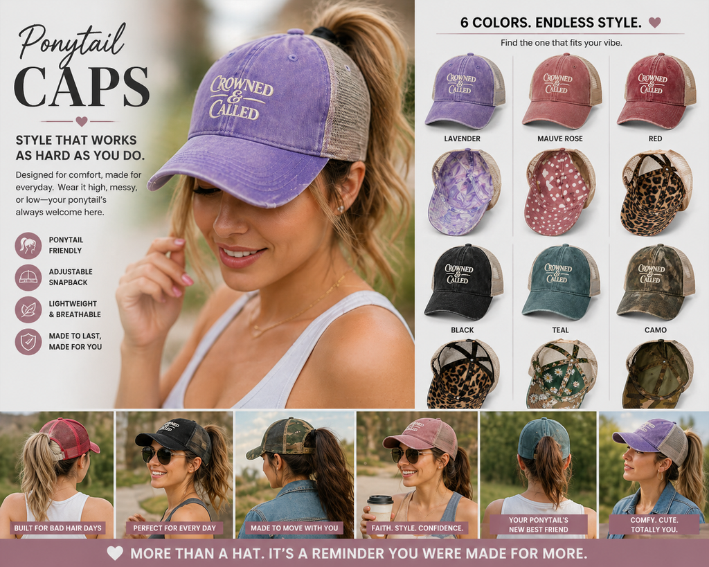 Crowned & Called™ Women’s Ponytail Cap – Concealed Messy Bun Hat, Faith-Based Baseball Cap