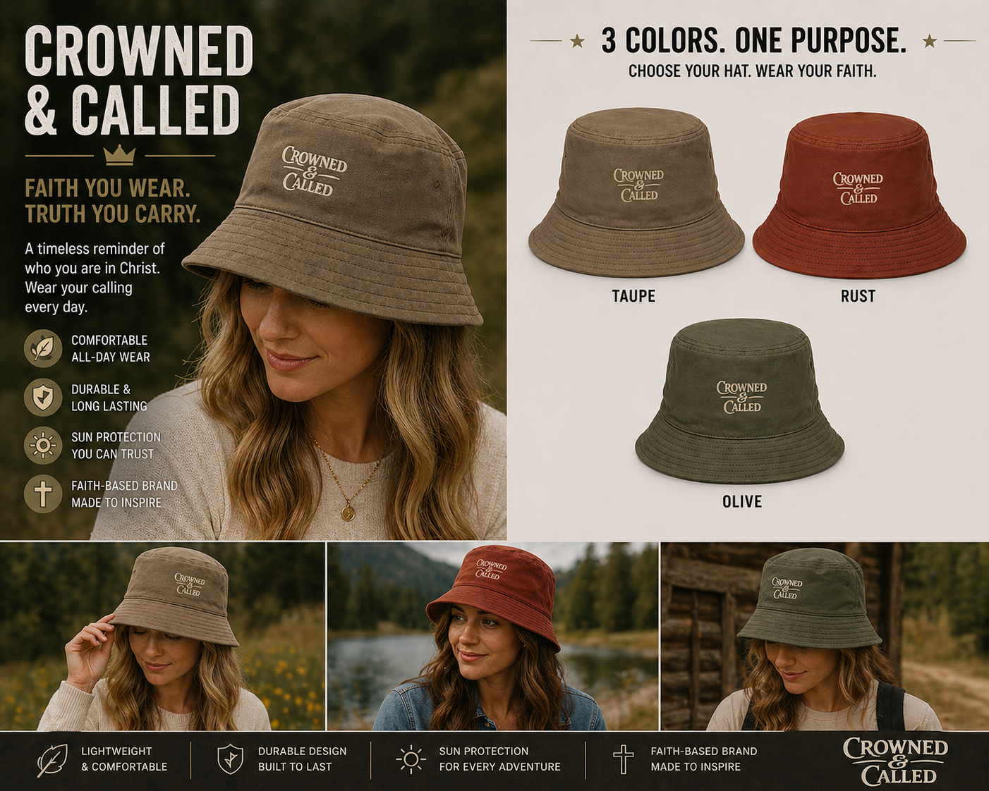 Crowned & Called™ Brown Bucket Hat – Christian Faith Cotton Sun Hat
