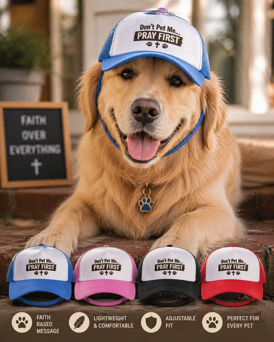Pray First™ Dog Trucker Hat – “Don’t Pet Me… Pray First” Christian Pet Hat