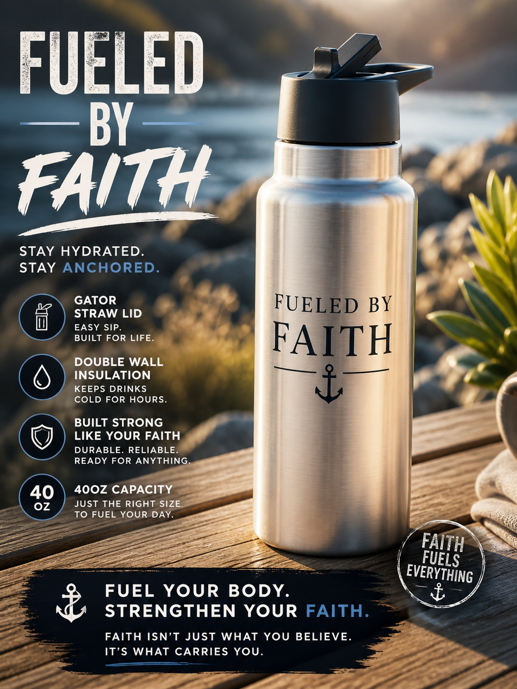 32oz Stainless Steel Tumbler – Fueled by Faith™ | Anchor Travel Bottle with Straw Lid