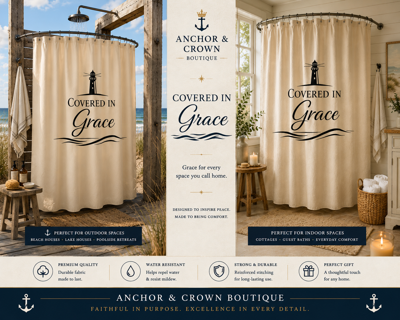 Covered in Grace Shower Curtain | Lighthouse Faith Bathroom Decor