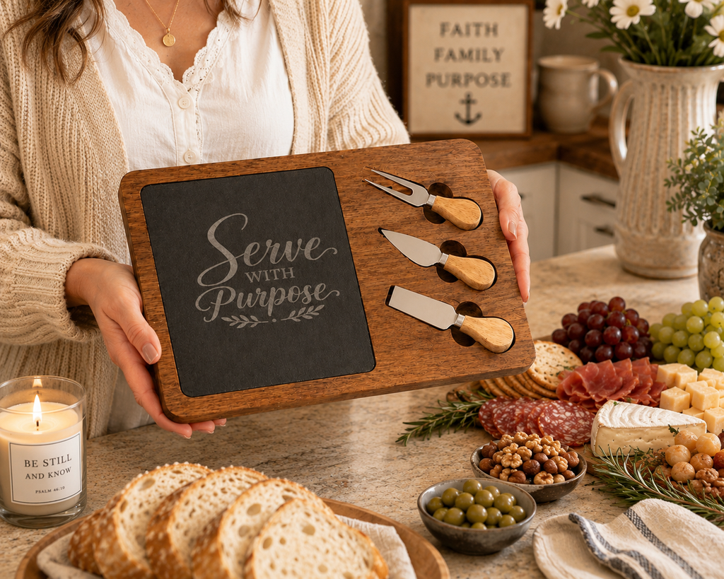Serve With Purpose Acacia Charcuterie Board Set | Engraved Serving Board with Slate & Cheese Knives