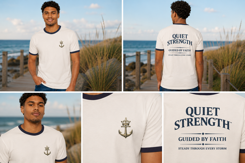 Quiet Strength™ Ringer T-Shirt | Guided by Faith, Steady Through Every Storm | Faith-Based Anchor Tee