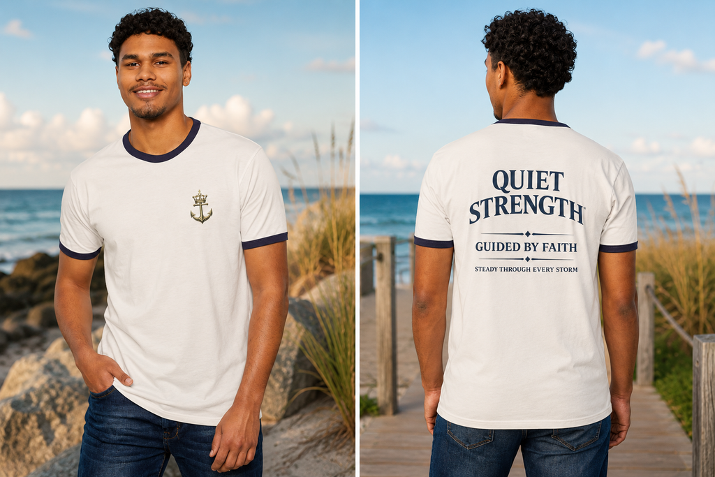 Quiet Strength™ Ringer T-Shirt | Guided by Faith, Steady Through Every Storm | Faith-Based Anchor Tee