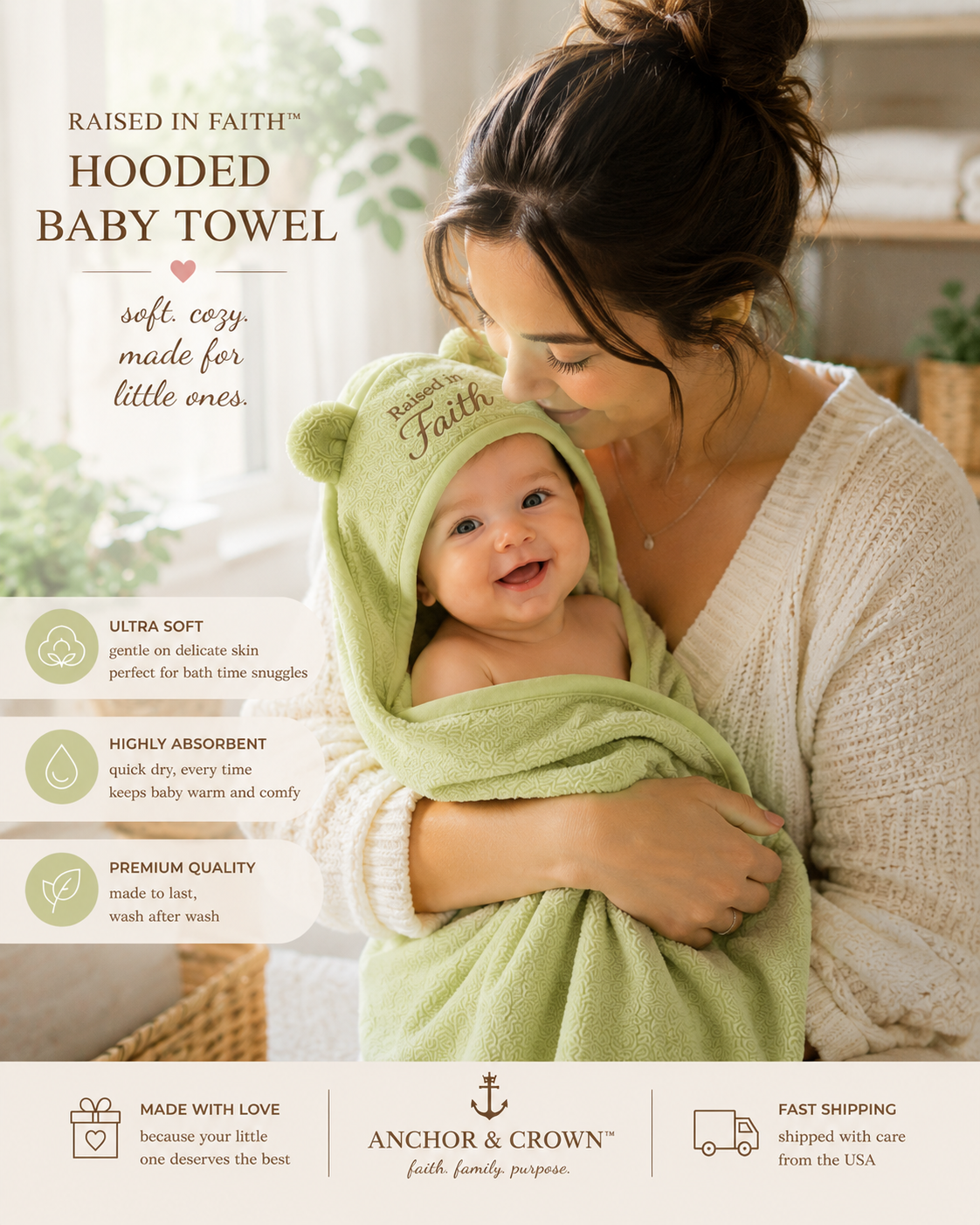 Raised in Faith™ Hooded Baby Towel with Bear Ears