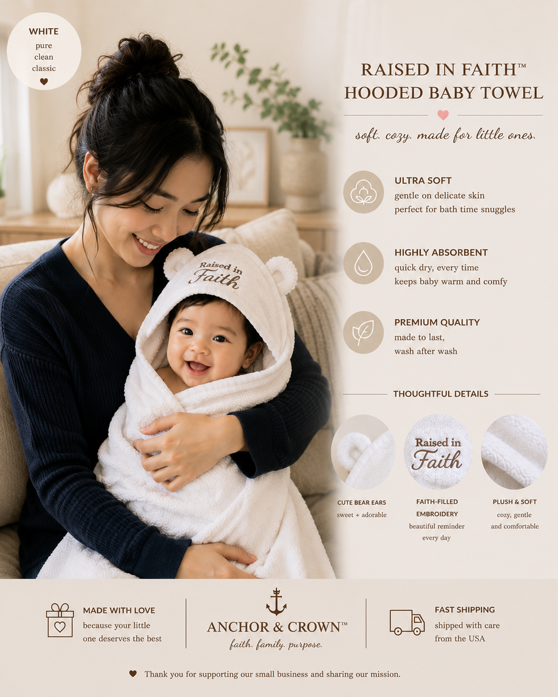 Raised in Faith™ Hooded Baby Towel with Bear Ears