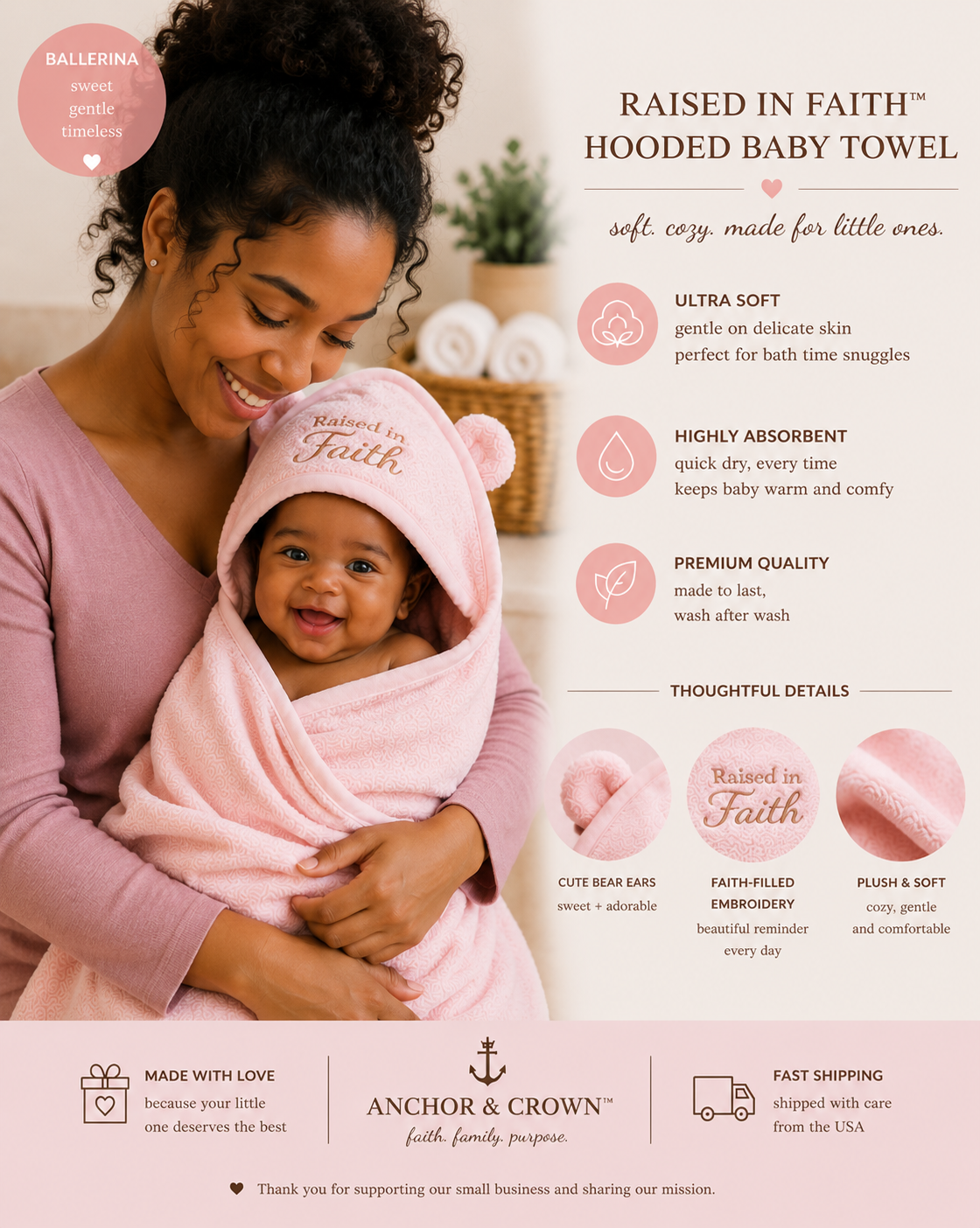 Raised in Faith™ Hooded Baby Towel with Bear Ears