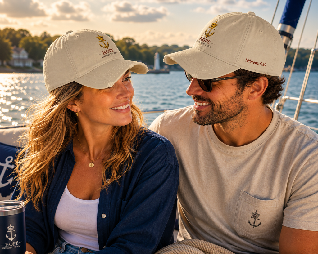 HOPE ANCHORS THE SOUL™ Distressed Embroidered Dad Hat | Hebrews 6:19 Faith-Inspired Coastal Cap