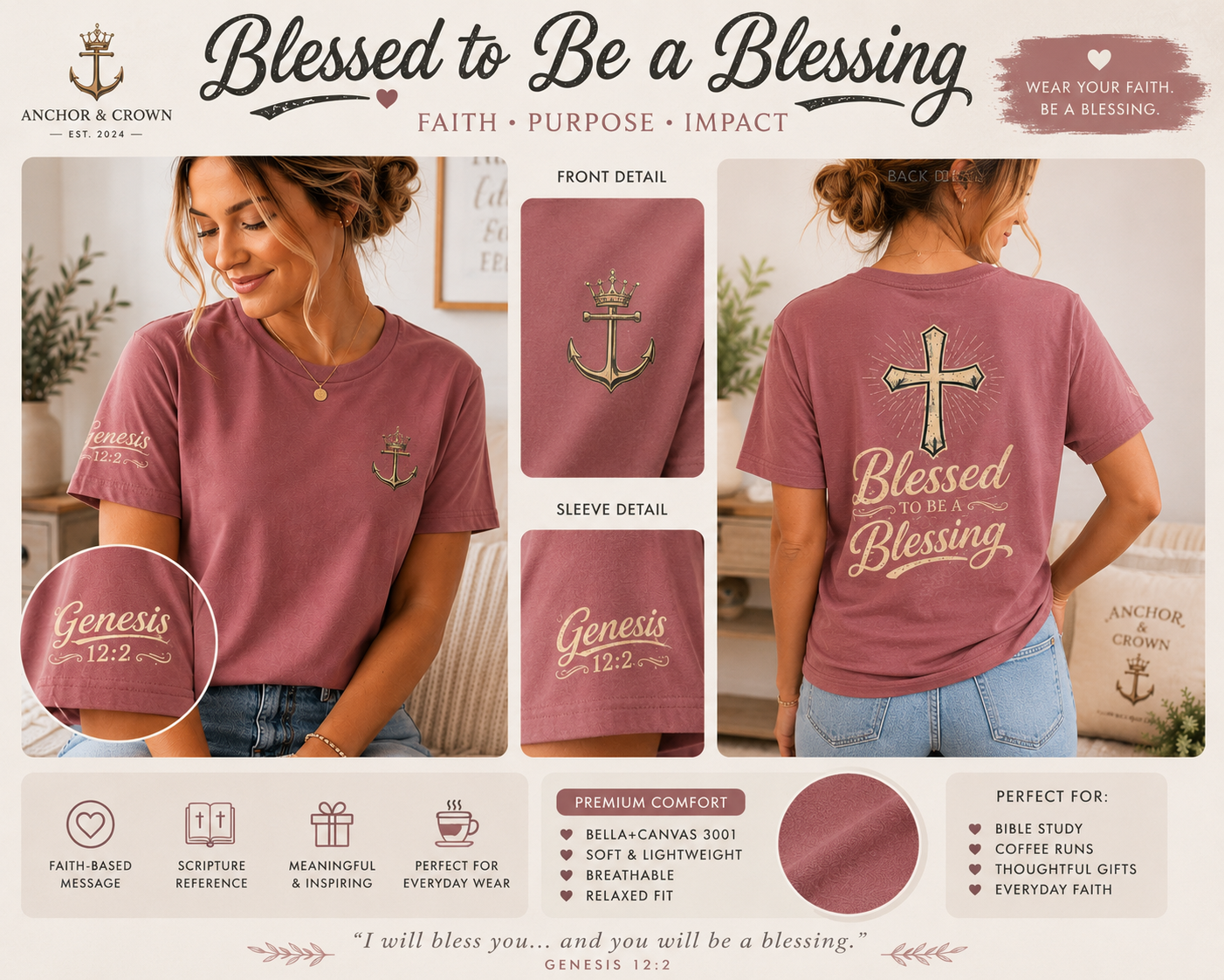 Blessed to Be a Blessing Christian Cross Faith T-Shirt | Inspirational Bible Verse Tee