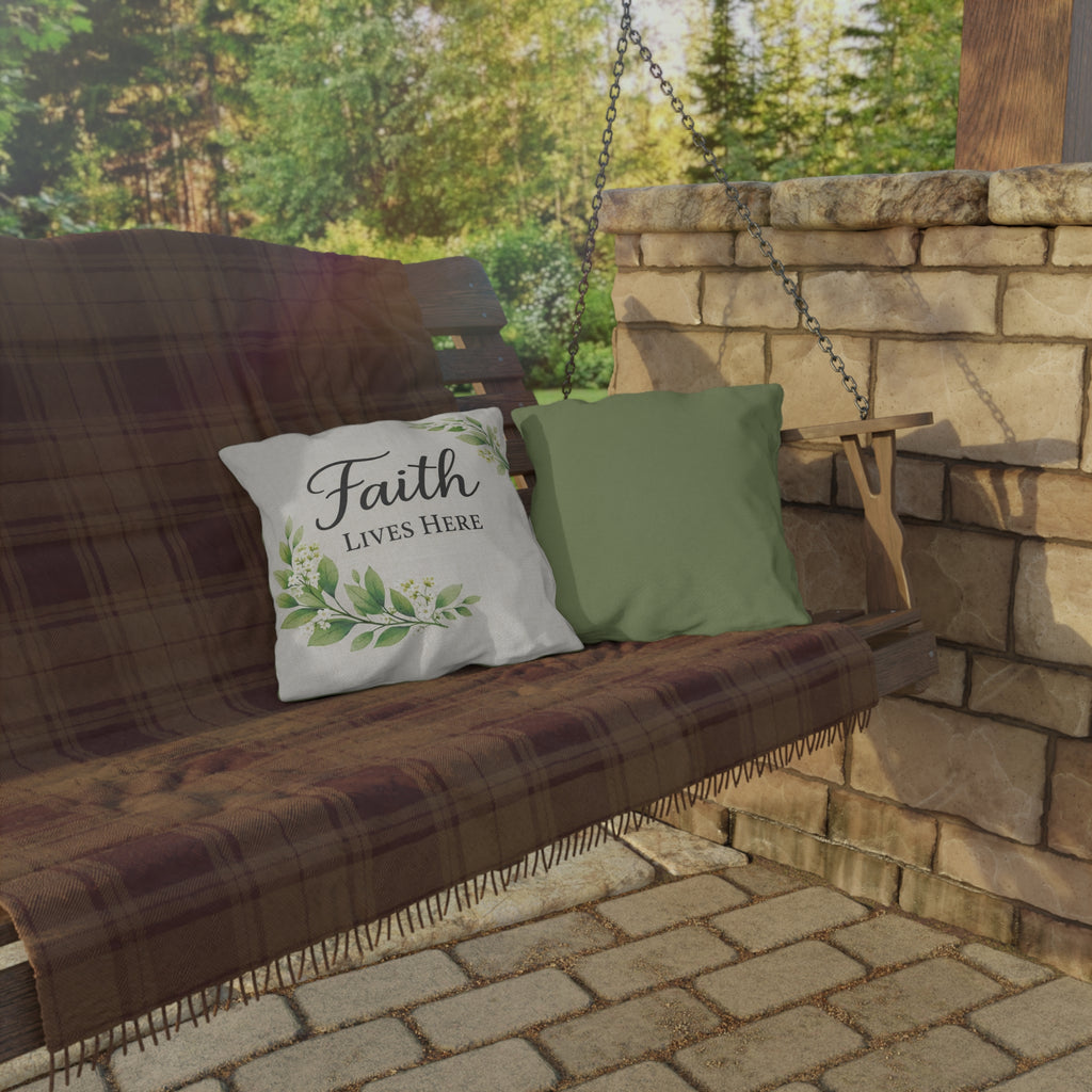 Faith Lives Here Outdoor Pillow — Rustic Farmhouse Christian Porch Decor