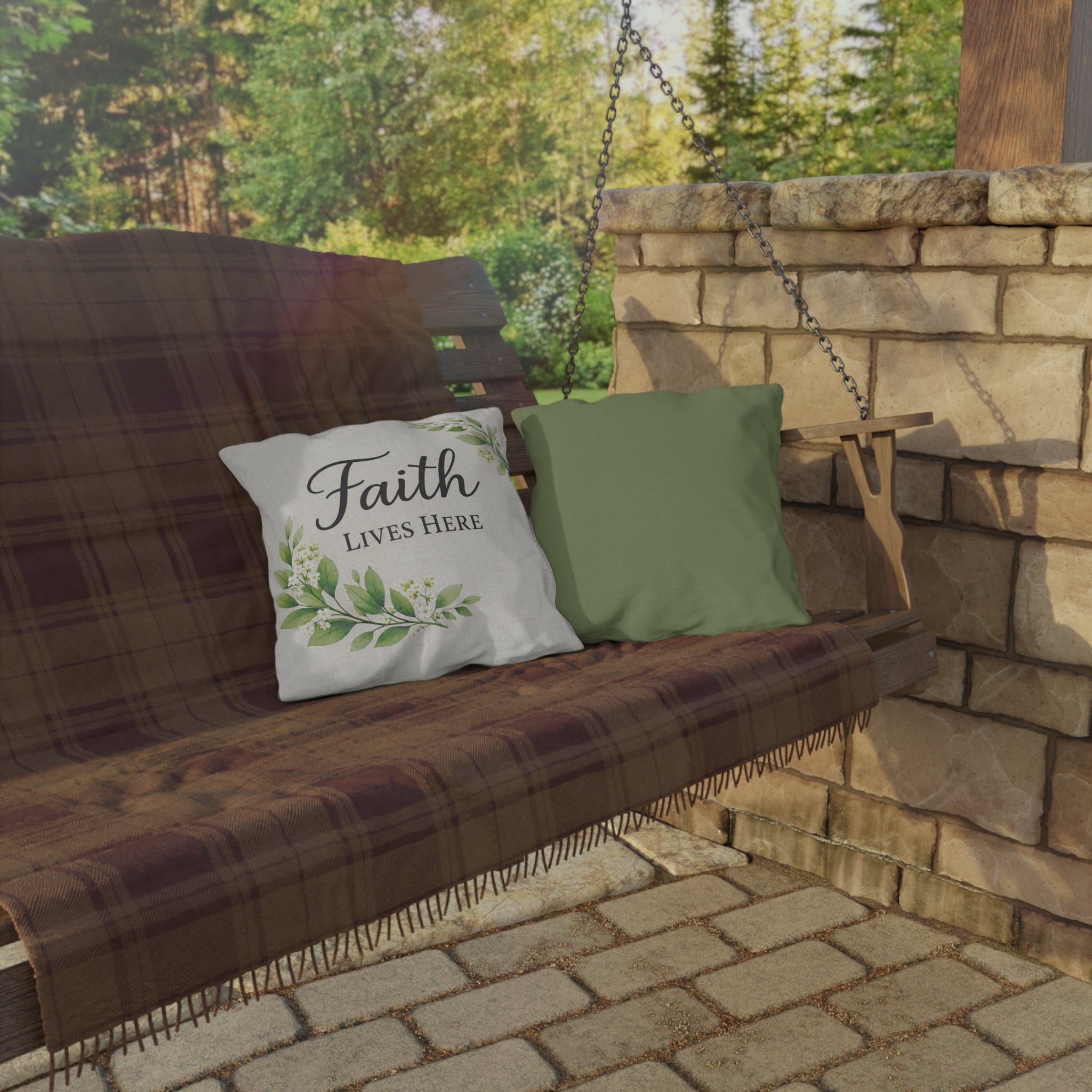Faith Lives Here Outdoor Pillow — Rustic Farmhouse Christian Porch Decor