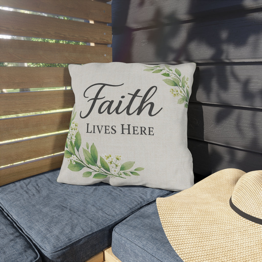 Faith Lives Here Outdoor Pillow — Rustic Farmhouse Christian Porch Decor