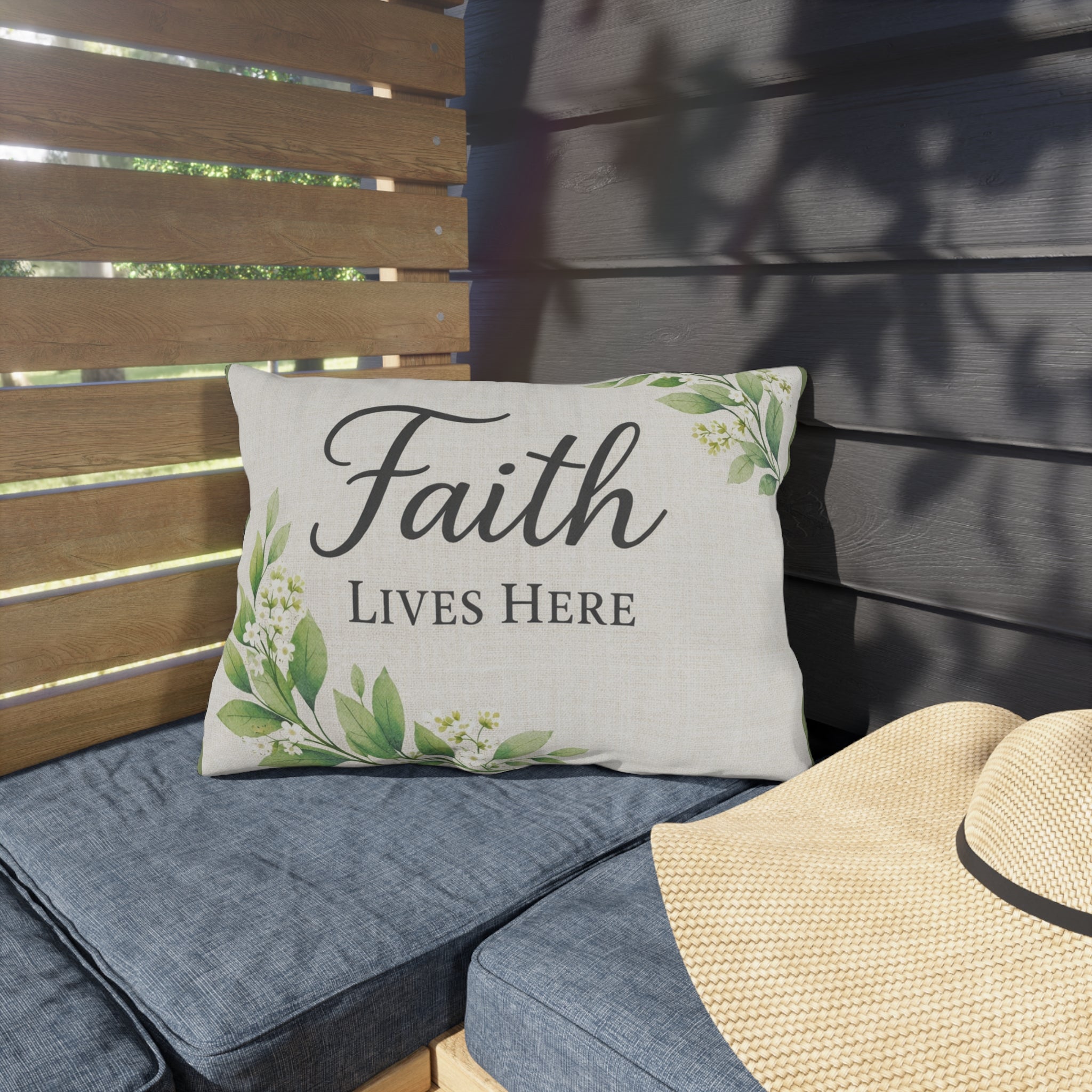 Faith Lives Here Outdoor Pillow — Rustic Farmhouse Christian Porch Decor