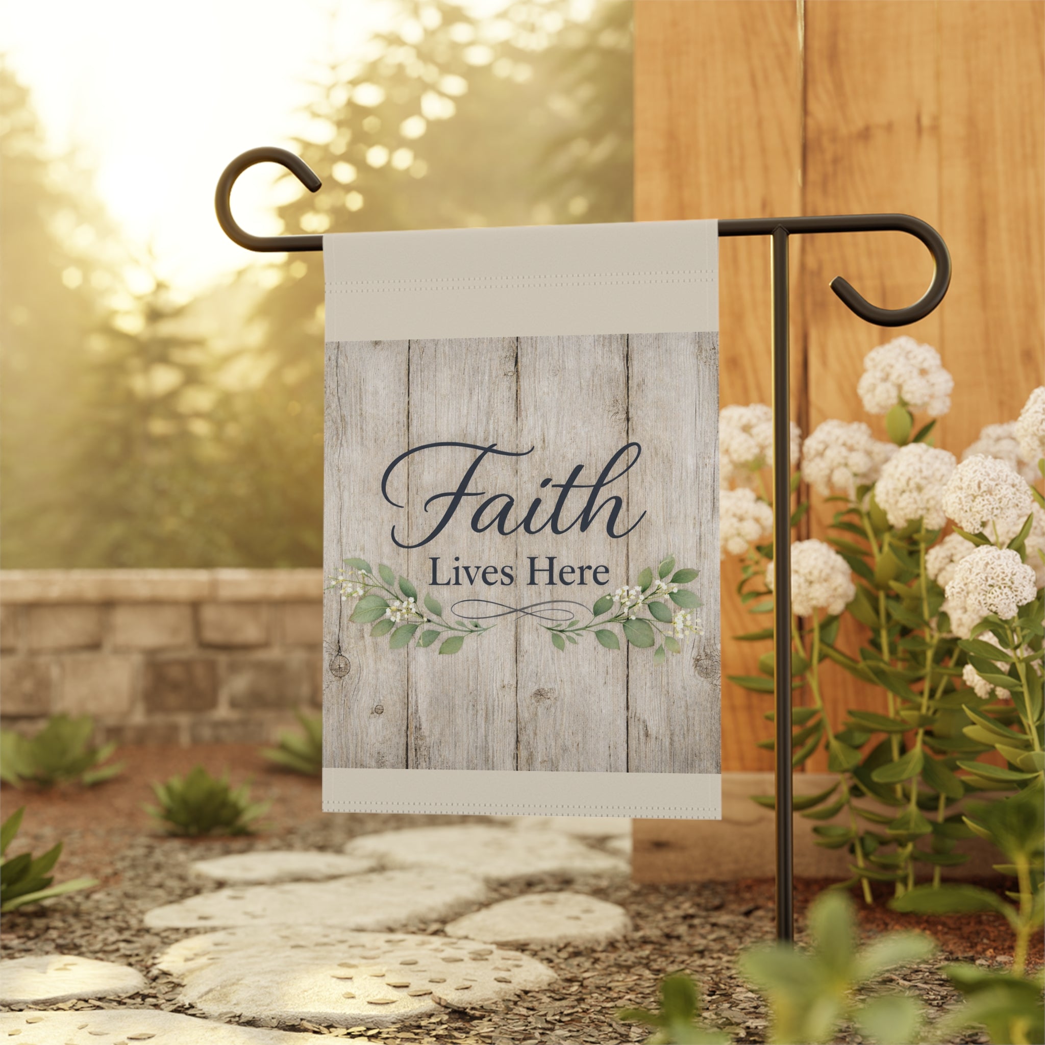 Faith Lives Here Garden Flag | Rustic Farmhouse Christian Yard Decor