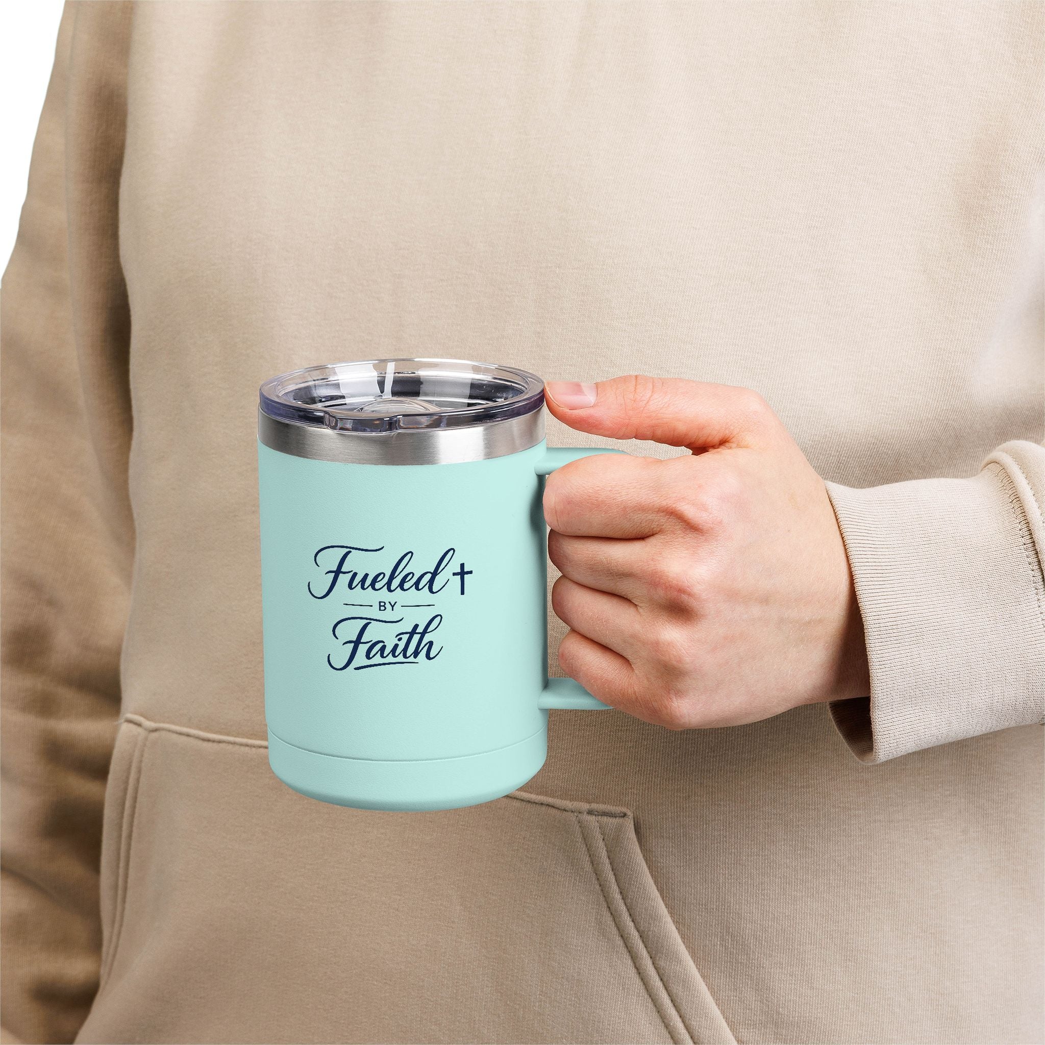 Fueled by Faith™ 15oz Insulated Coffee Tumbler with Handle & Lid | Stainless Steel Travel Mug