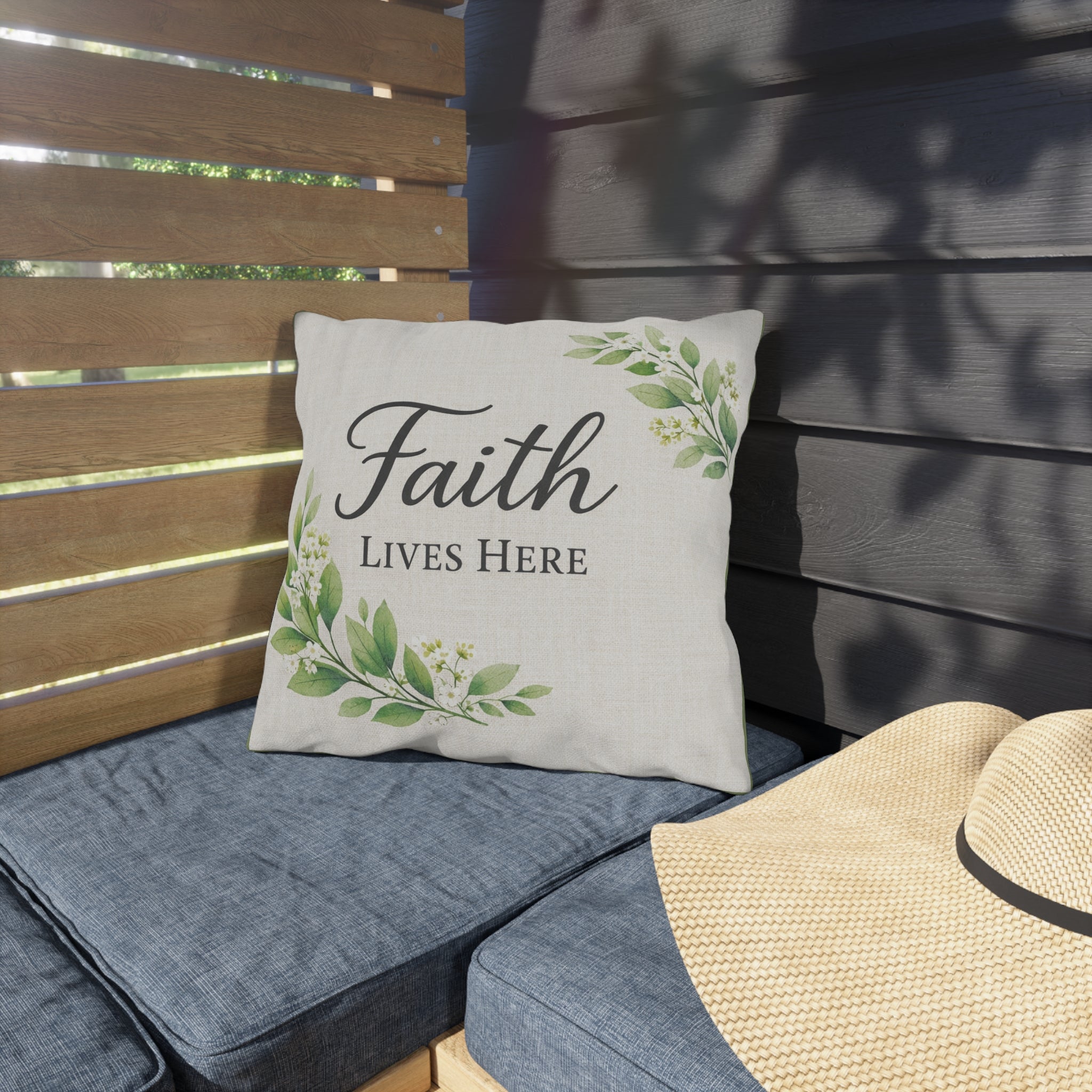 Faith Lives Here Outdoor Pillow — Rustic Farmhouse Christian Porch Decor