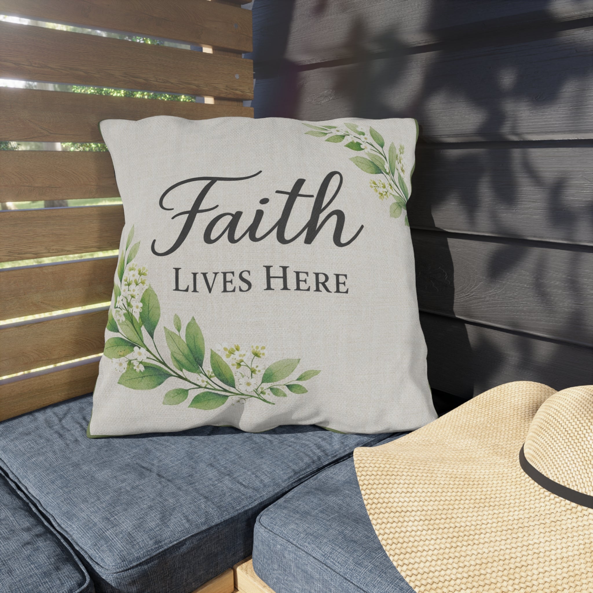 Faith Lives Here Outdoor Pillow — Rustic Farmhouse Christian Porch Decor
