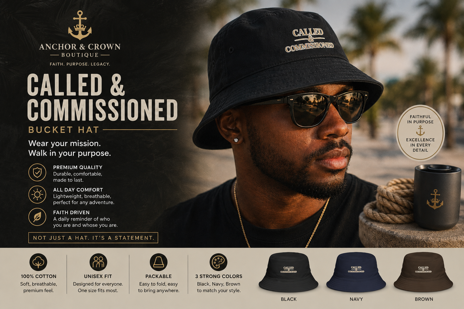 Called & Commissioned™ Black Bucket Hat – Christian Faith Cotton Hat