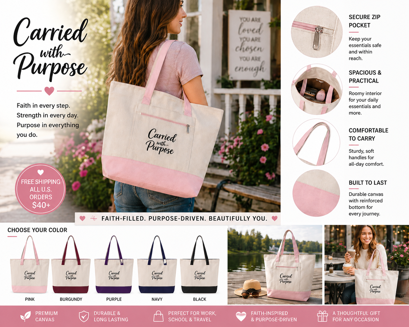 Carried with Purpose™ Canvas Tote Bag | Durable Everyday Carry with Zipper Pocket