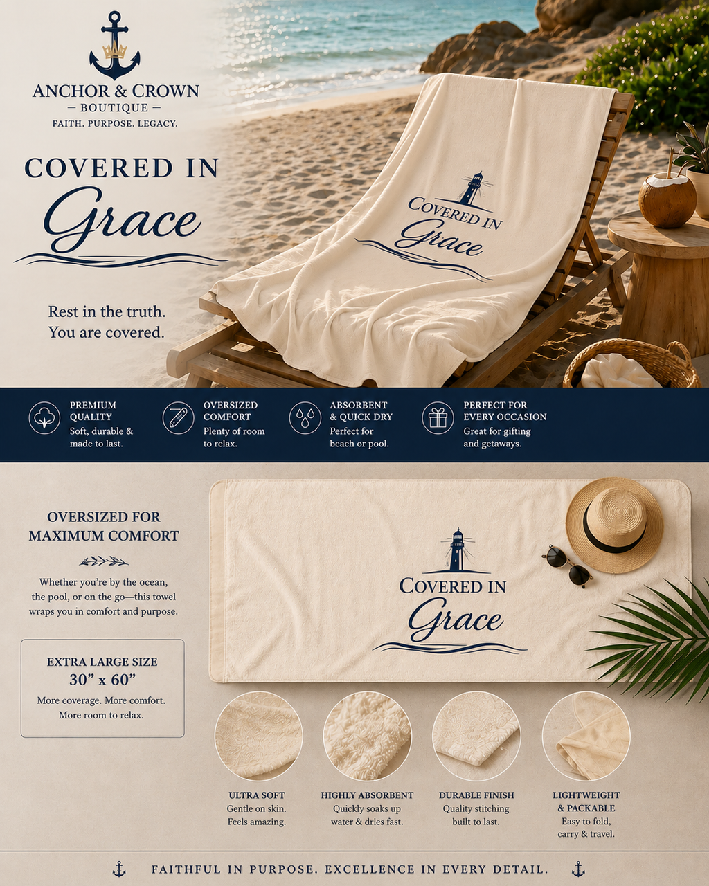 Covered in Grace Bath Towel | Faith Lighthouse Beach & Pool Towel (30x60, 36x72)