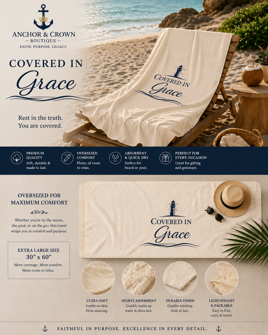 Covered in Grace Bath Towel | Faith Lighthouse Beach & Pool Towel (30x60, 36x72)