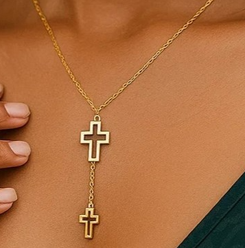 14K Gold Double Cross Necklace