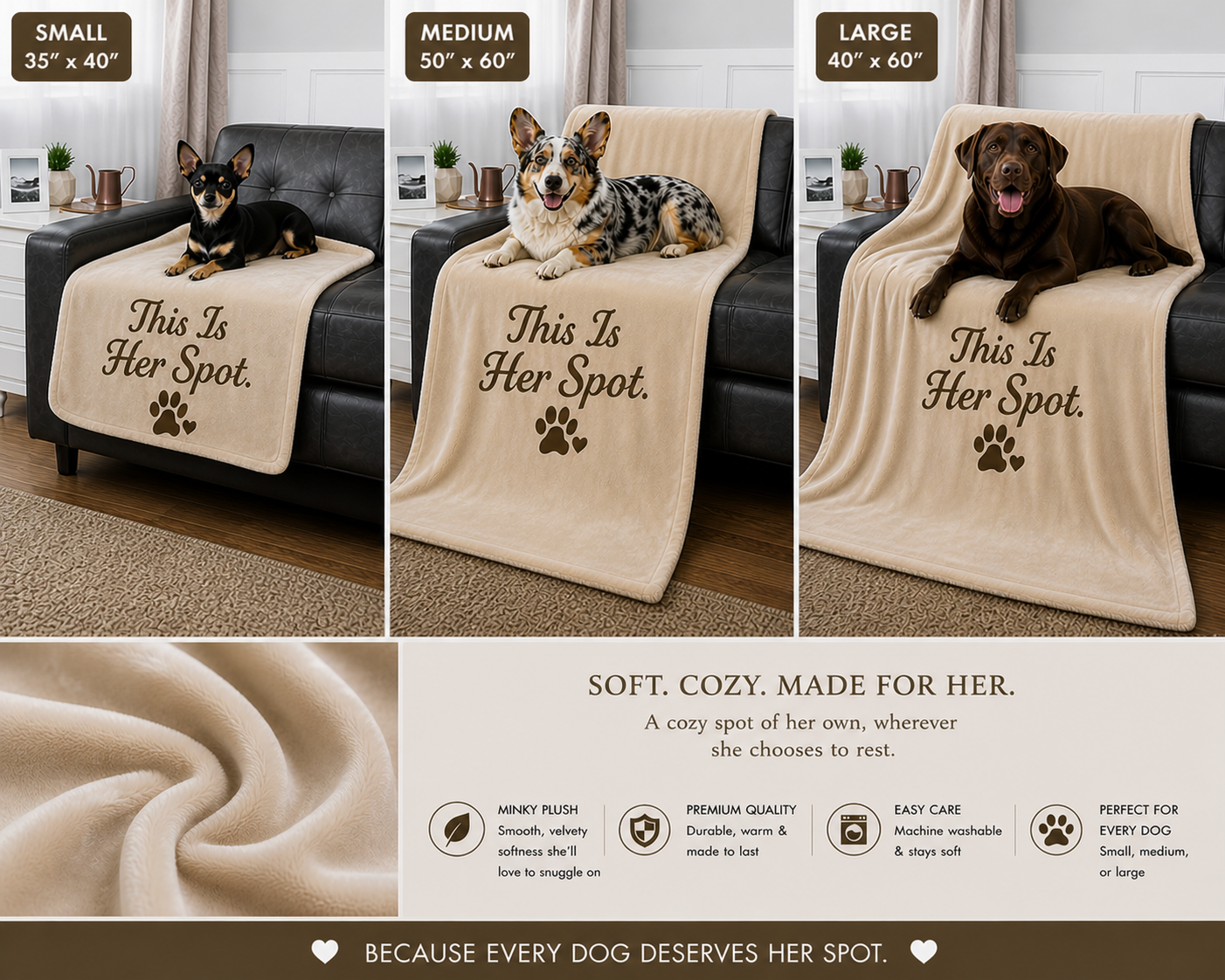 This Is Her Spot Minky Pet Blanket | Soft Plush Dog & Cat Throw with Paw Print | Cozy Pet Blanket (35x40, 50x60, 40x60)