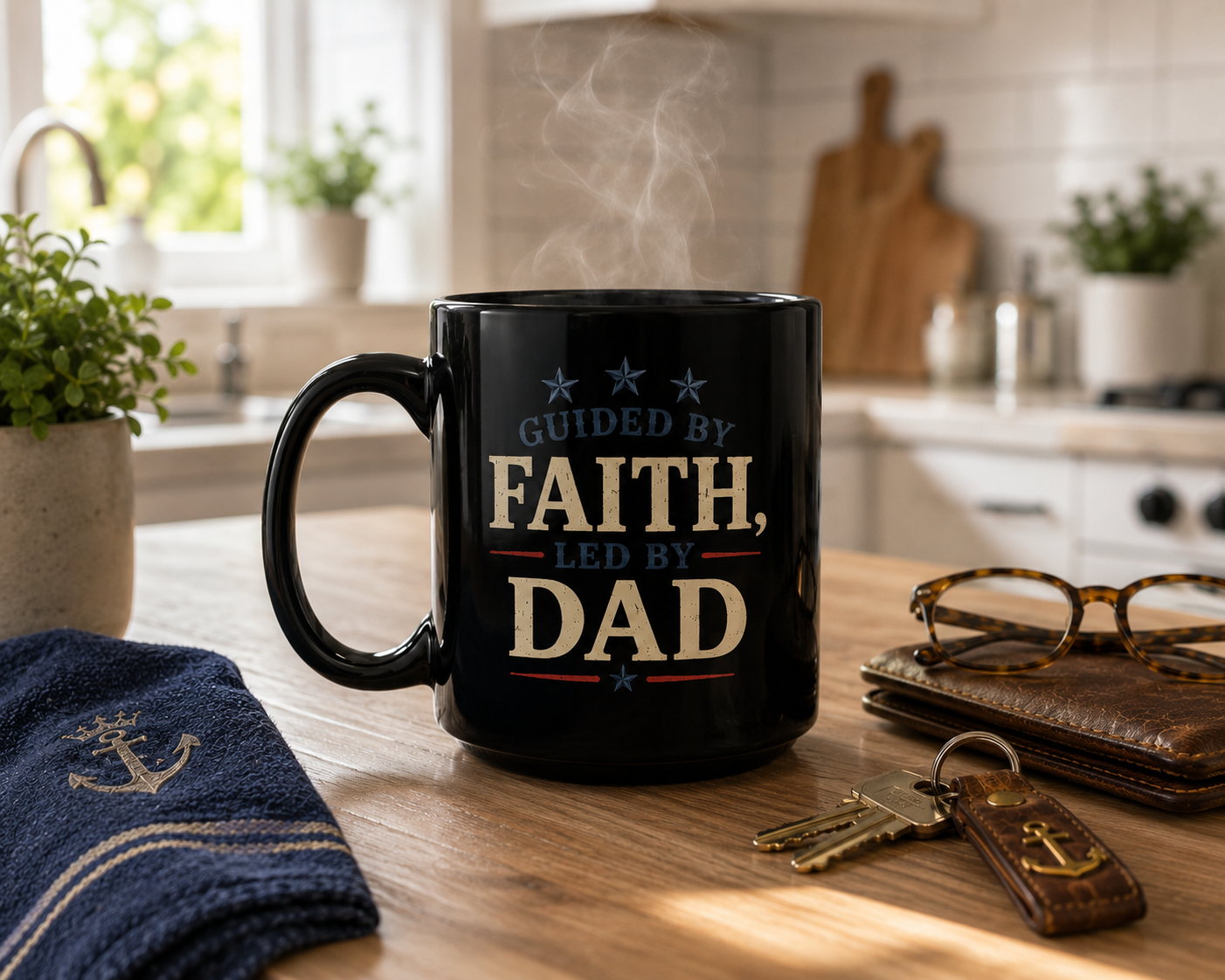 Guided by Faith, Led by Dad™ Black Ceramic Coffee Mug | Christian Father's Day Gift | 15 oz