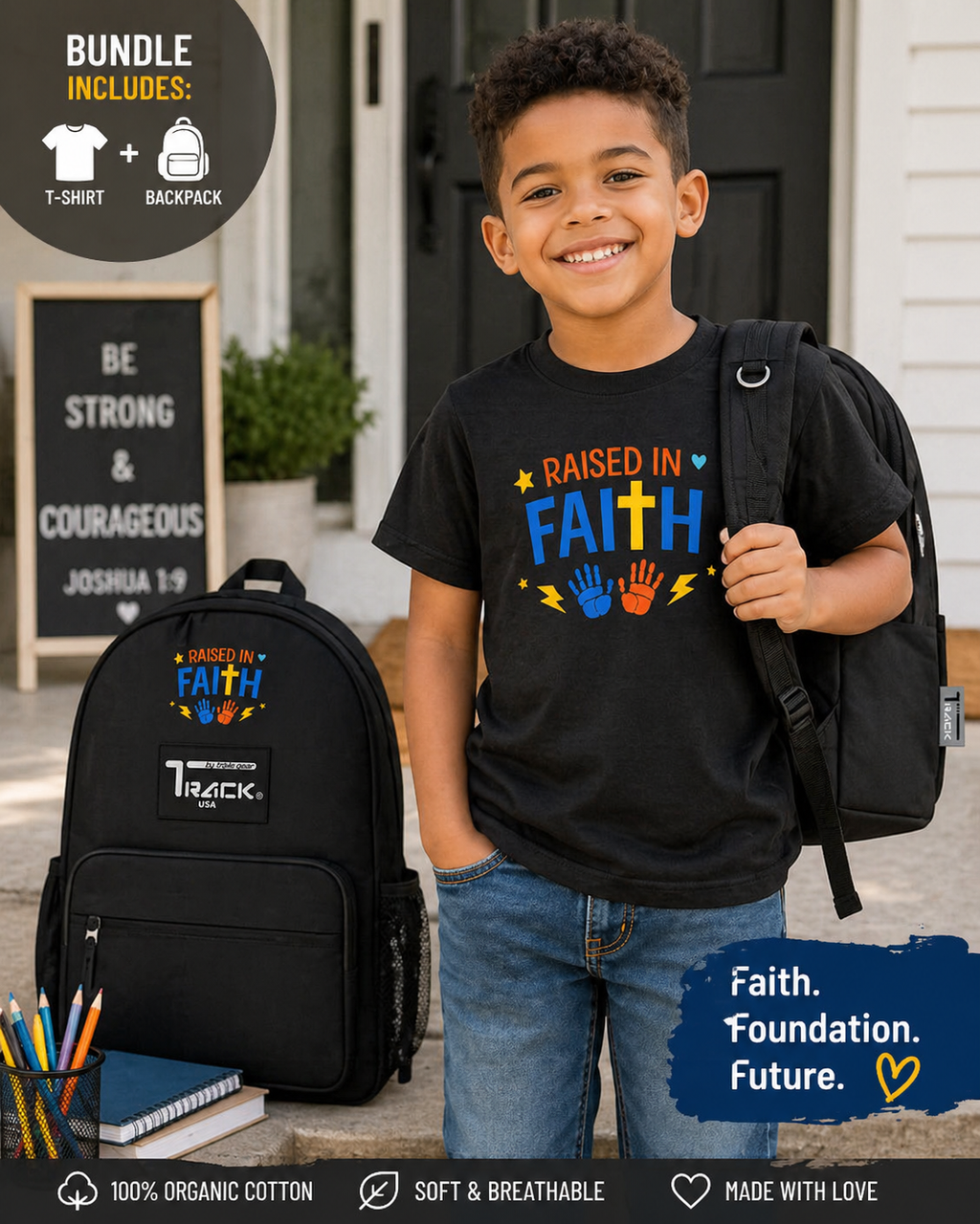 Start Their Day with Purpose™ Kids Essentials | Organic Tee & Backpack