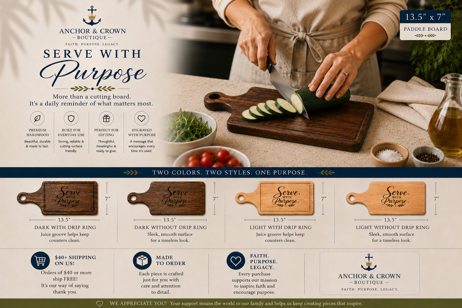 Serve With Purpose Engraved Cutting Board | Maple or Walnut Kitchen Essential