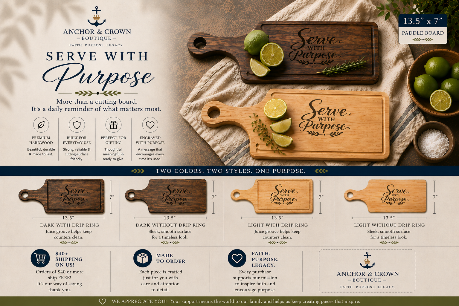 Serve With Purpose Engraved Cutting Board | Maple or Walnut Kitchen Essential