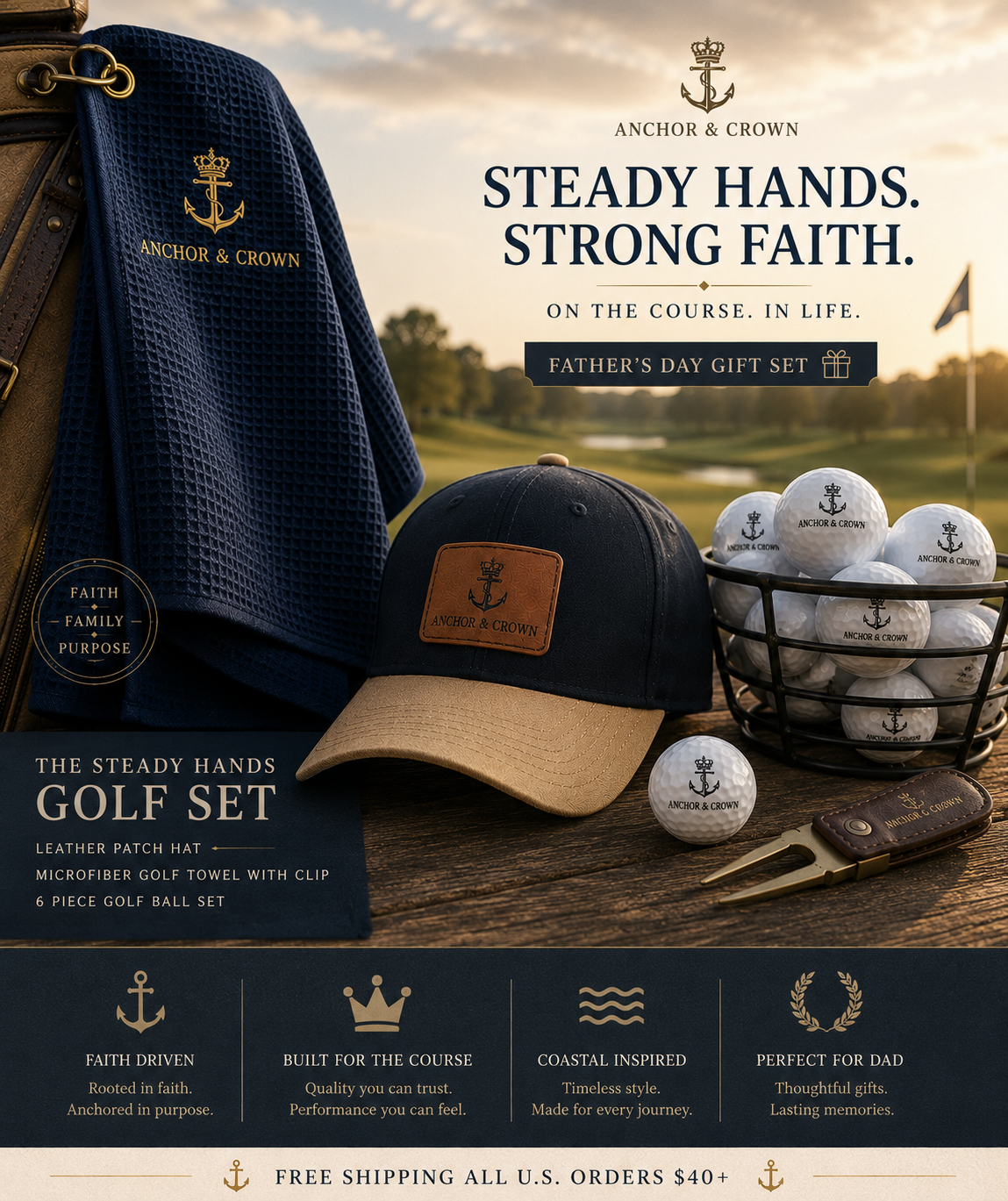 Steady Hands Golf Set™ – Leather Patch Hat, Golf Towel & 6 Golf Ball Set